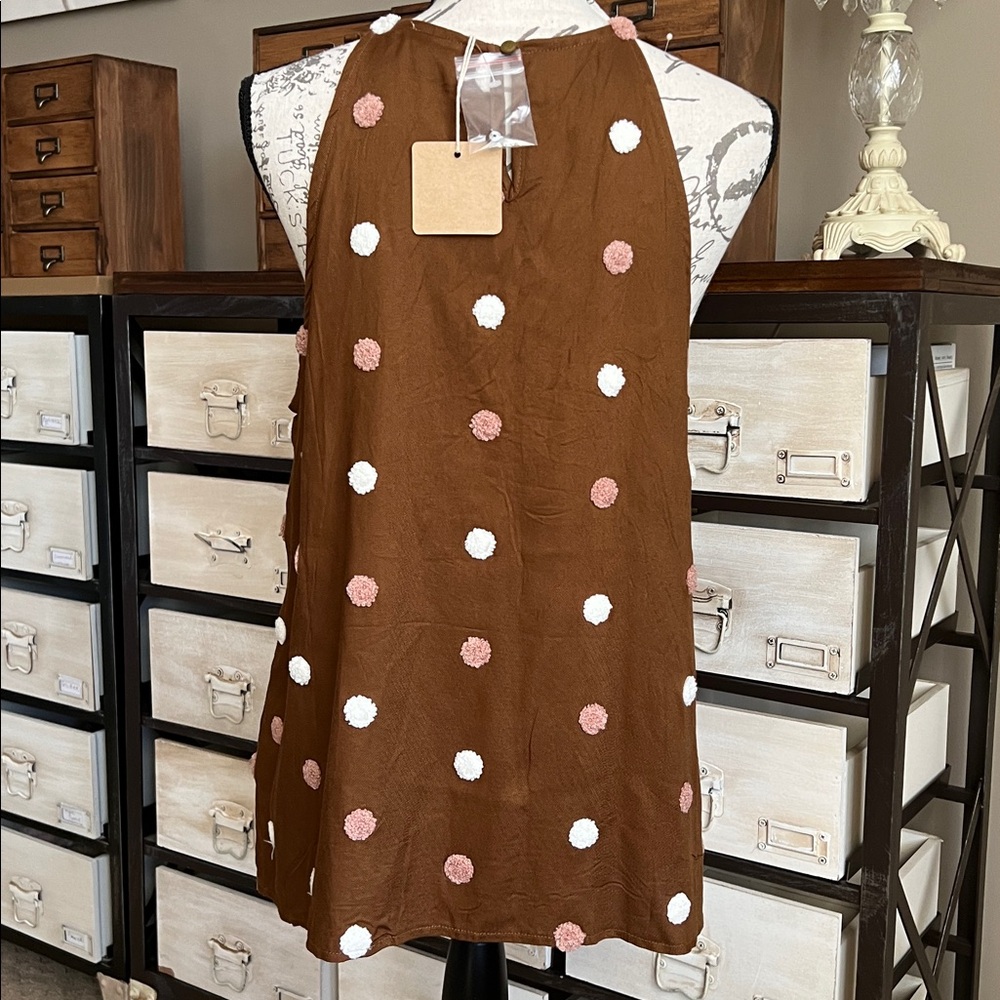 NEW Blu Pepper Brown Pink 3D Polka Dot Women's Halter Tank Top - Picture 3 of 6